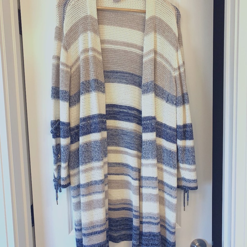 Chico's Women's Long Cardigan Sweater XL Striped Long Sleeve